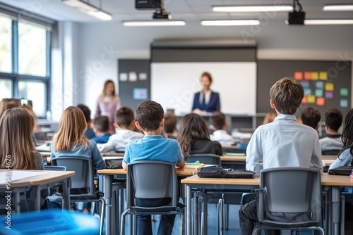 Students in class listening to teacher near whiteboard