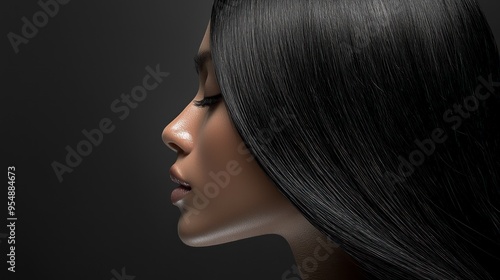 Profile of a woman with smooth, shiny black hair on dark background