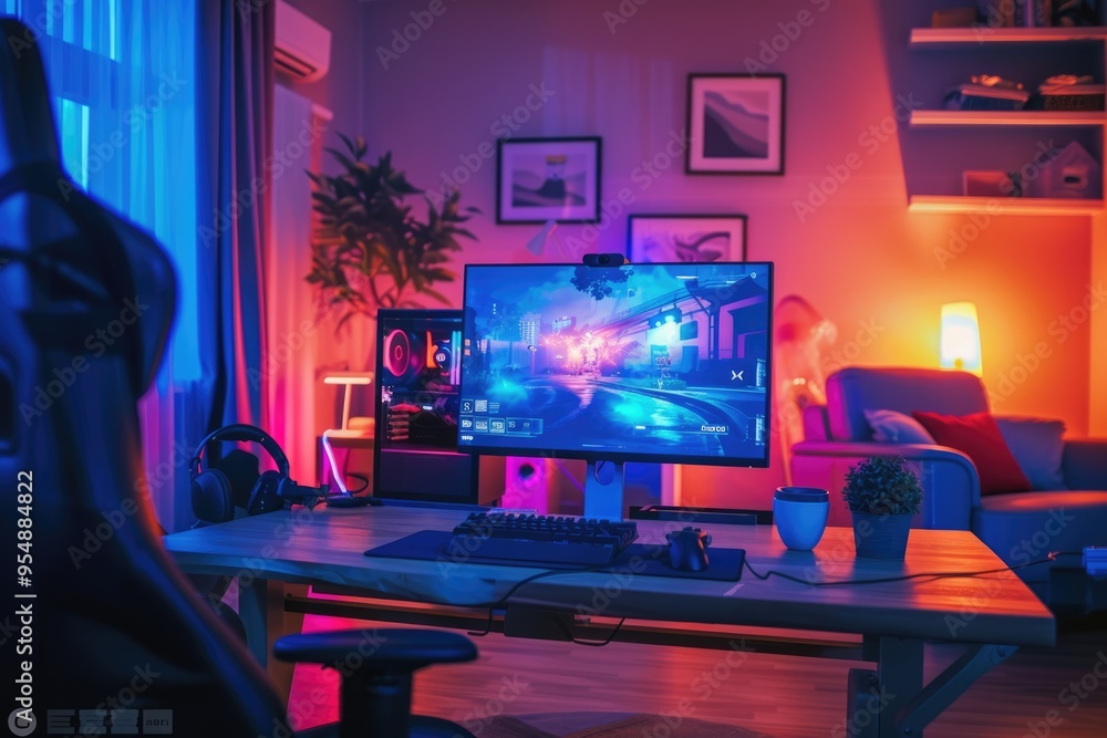 General view home workplace of gamer with computer and gamepad. General view home workplace of gamer with computer and gamepad.