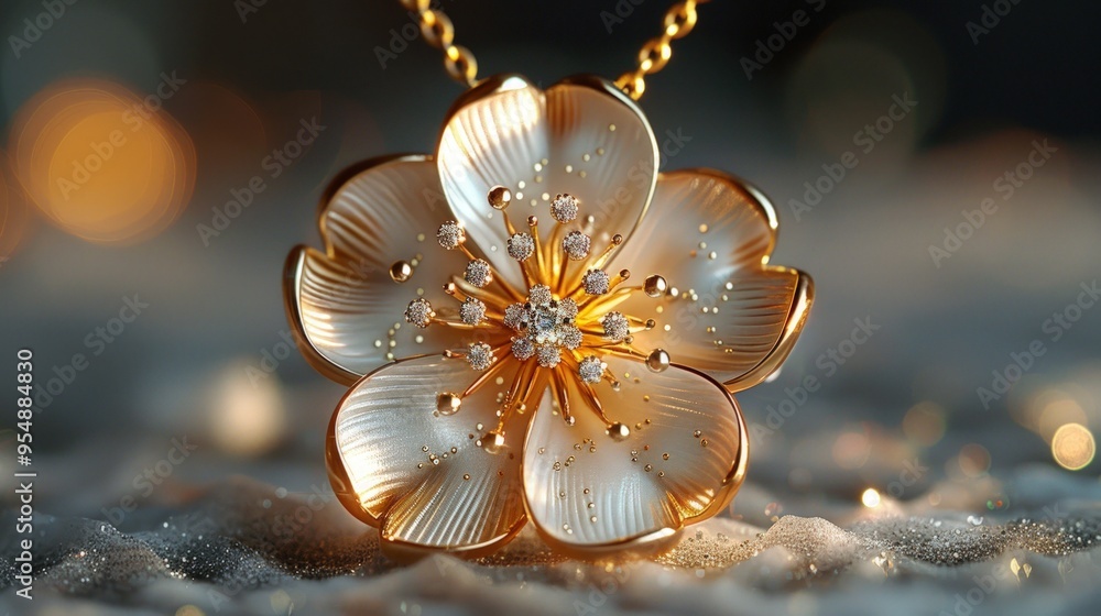 A close-up of a beautiful gold flower pendant necklace with sparkling diamonds. A close-up of a beautiful gold flower pendant necklace with sparkling diamonds.