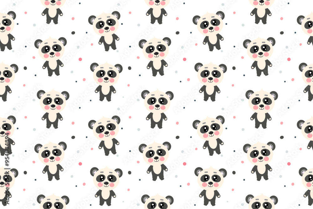 Obraz premium Seamless pattern with kawaii little cute sweet panda in full height for children on white background