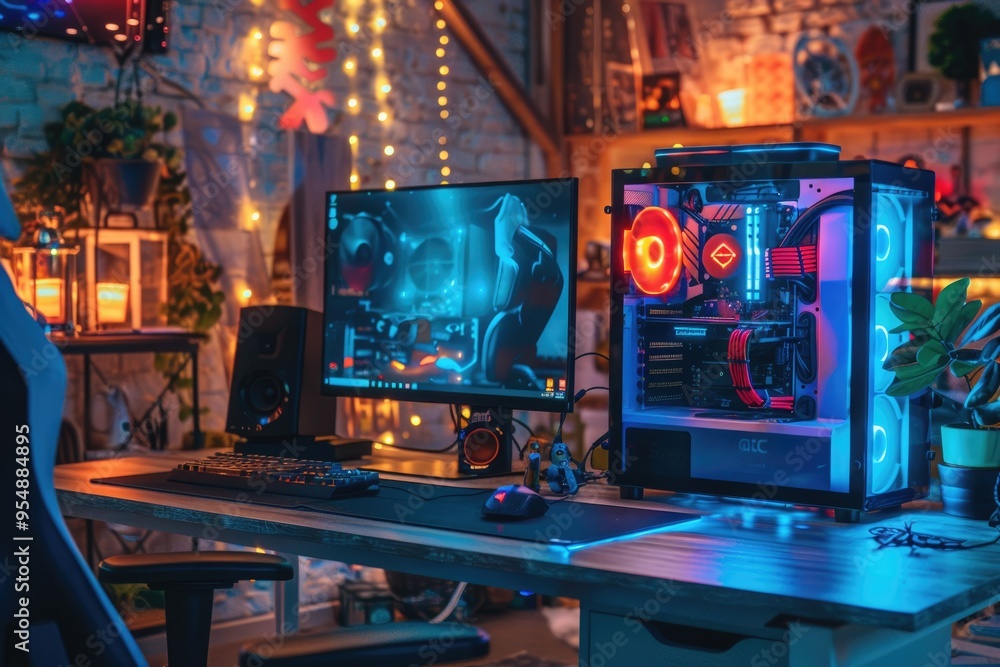 Home Office Rig Home office setup with HTPC Hackintosh gaming rig liquid cooling. Stock ...