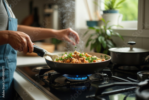 A woman preparing a delicious meal by cooking it in pan, in a modern kitchen.