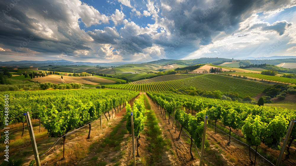 Fototapeta premium A vineyard in Tuscany Italy with rolling hills and rows of grapevines.