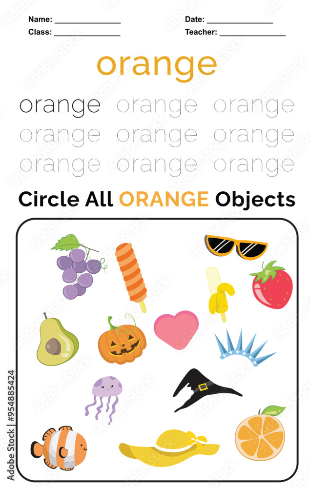Fototapeta premium Trace and Circle Worksheet for children. Trace all words in dots and circle objects in the box below. Color worksheet. Education about color. Handwriting practice for kids.