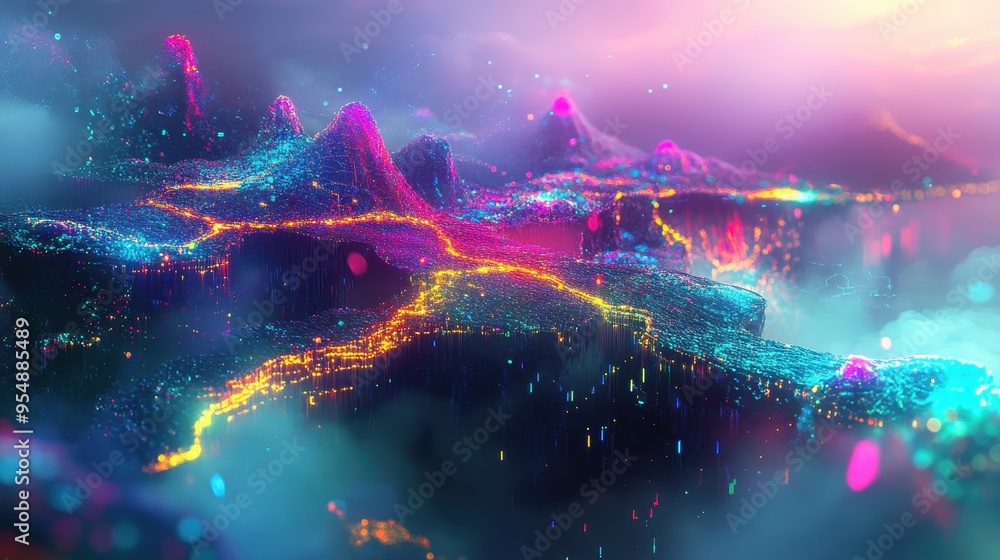 Fototapeta premium Abstract Digital Landscape with Neon Lights and Bokeh - Futuristic Background.