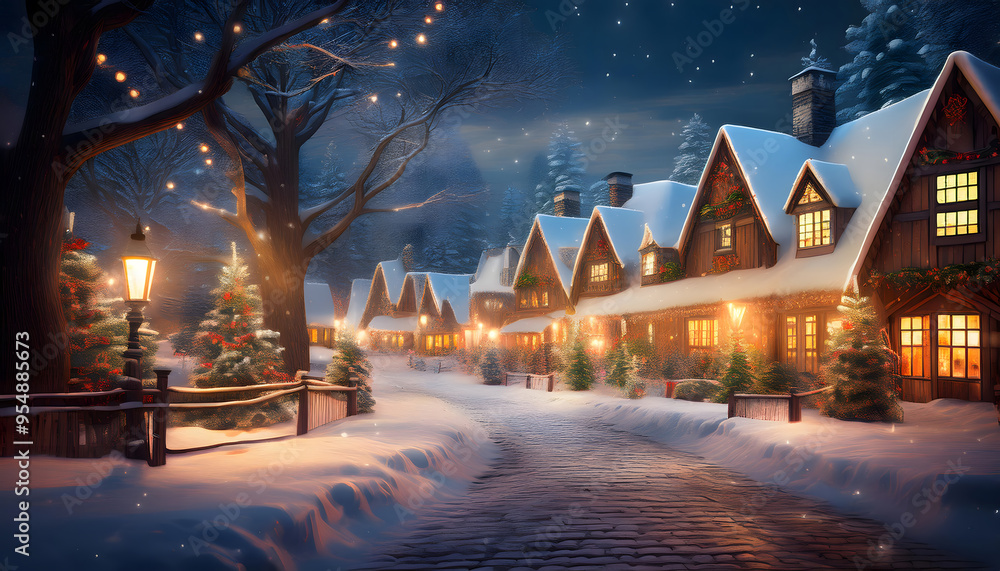 Magical Snow-Covered Christmas Village Illuminated by Festive Evening Lights Magical Snow-Covered Christmas Village Illuminated by Festive Evening Lights