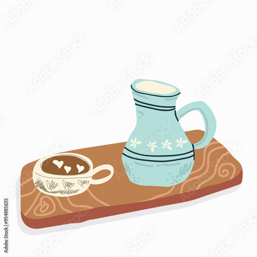 Coffee, capuccino cup, served on wooden board, tray. Cozy aesthetic jug. Flat vector illustration.