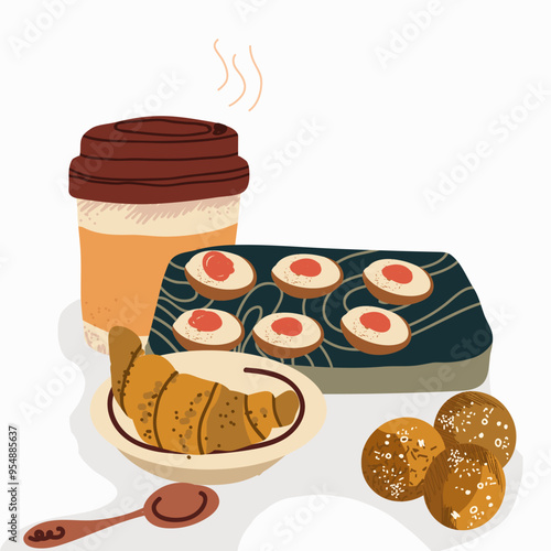 Breakfast with coffee, capuccino cup, sweet snacks. Morning food served on wooden board, tray. Cozy aesthetic meal setting with cappuccino, latte. Flat vector illustration.