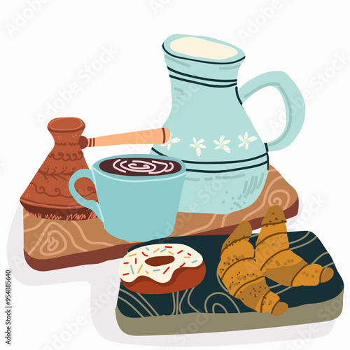 Breakfast with coffee, capuccino cup, sweet snacks. Morning food served on wooden board, tray. Cozy aesthetic meal setting with cappuccino, latte. Flat vector illustration.