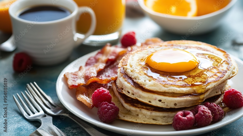 A plate of pancakes with bacon A plate of pancakes with bacon