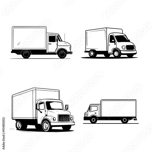Variety of Delivery Truck Illustrations Outlines of Commercial Vehicles for Transport and Logistics