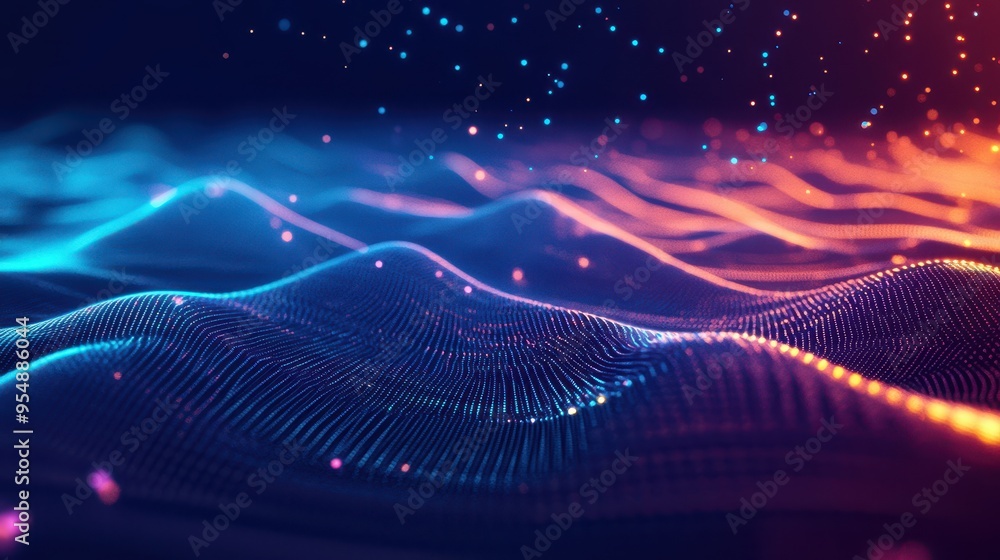Abstract Blue and Orange Digital Wave Background with Glowing Particles Abstract Blue and Orange Digital Wave Background with Glowing Particles