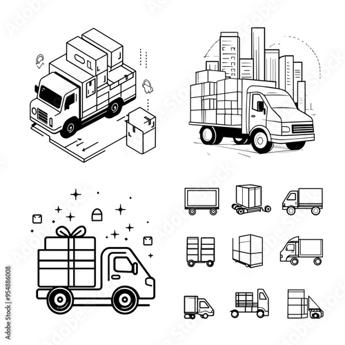 Delivery Truck Icons Vector Graphics for Logistics and Transportation Needs, perfect for packaging and shipping solutions