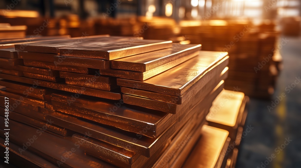Sunlit Copper Beams in Industrial Storage. Stacks of copper beams reflecting sunlight in an industrial storage area, emphasizing their bright metallic surface and precise alignment. Sunlit Copper Beams in Industrial Storage. Stacks of copper beams reflecting sunlight in an industrial storage area, emphasizing their bright metallic surface and precise alignment.