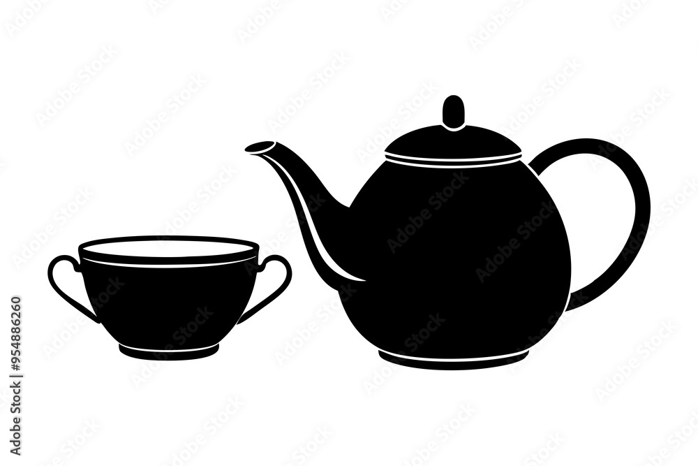 Minimalist teapot with tea cup icon vector silhouette white background Minimalist teapot with tea cup icon vector silhouette white background