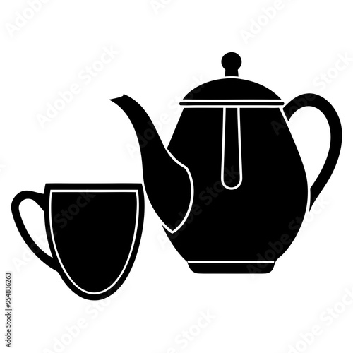 Minimalist teapot with tea cup icon vector silhouette  white background