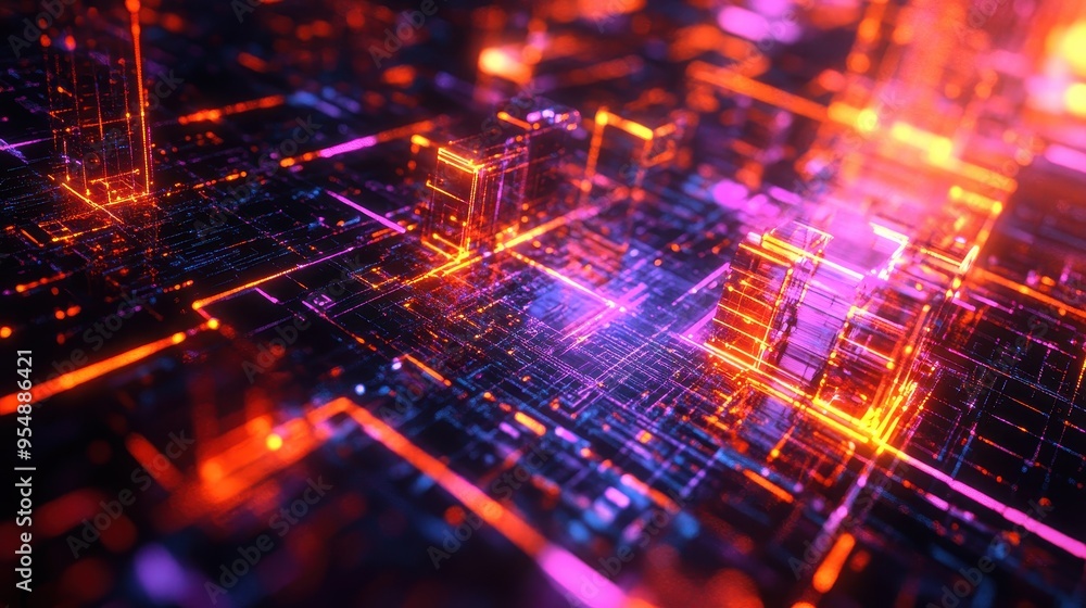 Abstract Neon Grid Structure with Glowing Lines and Cubes - Futuristic Technology Background. Abstract Neon Grid Structure with Glowing Lines and Cubes - Futuristic Technology Background.