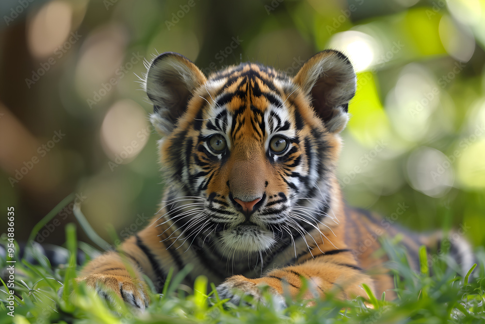 Fototapeta premium Young adolescent tiger lying down, gazing straight ahead on green grass against blurred bokeh forest or jungle background. Majestic predator in natural habitat, vulnerable stage of endangered species