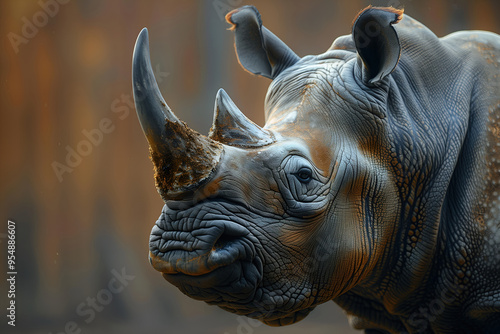 Rhinoceros profile with prominent horn on blurred background. Copy space for banner or poster. Powerful symbolizing endangered species protection. Concept of wildlife conservation awareness photo