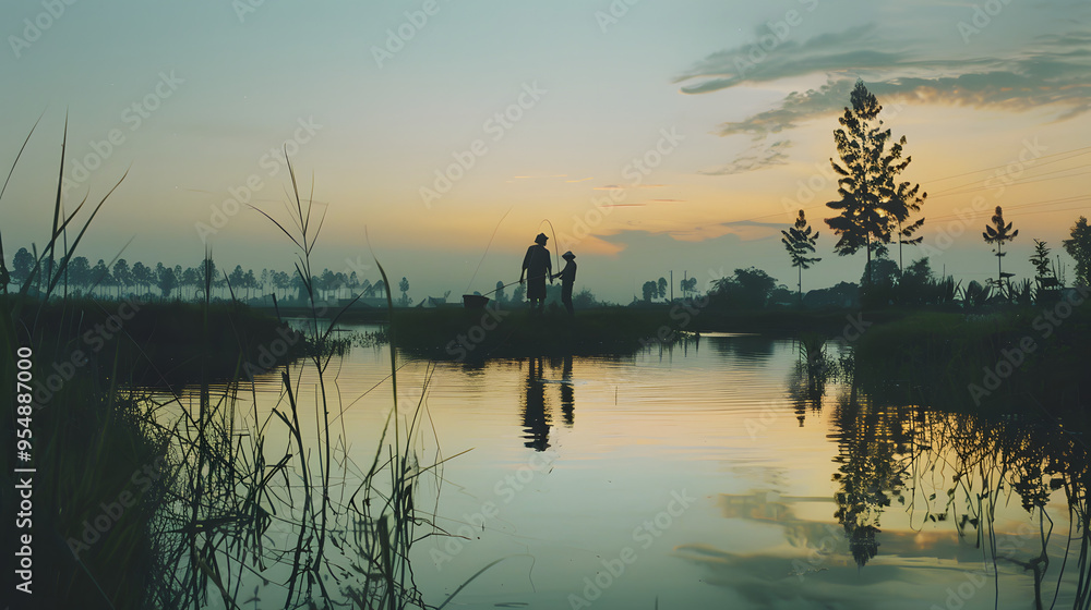 Farmers fishing in a farm pond at dusk. Farmers fishing in a farm pond at dusk.