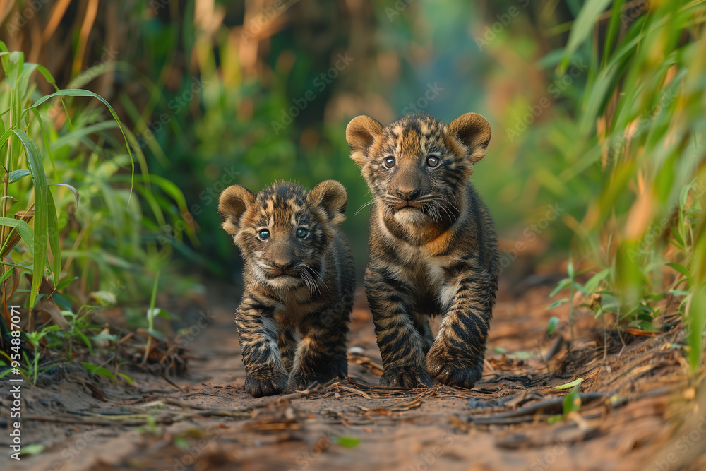 Obraz premium Two small rare Bengal tiger cubs, brothers, walking path surrounded by green plants. Endangered siblings explore lush habitat together. Preserving natural environments, protecting wildlife families