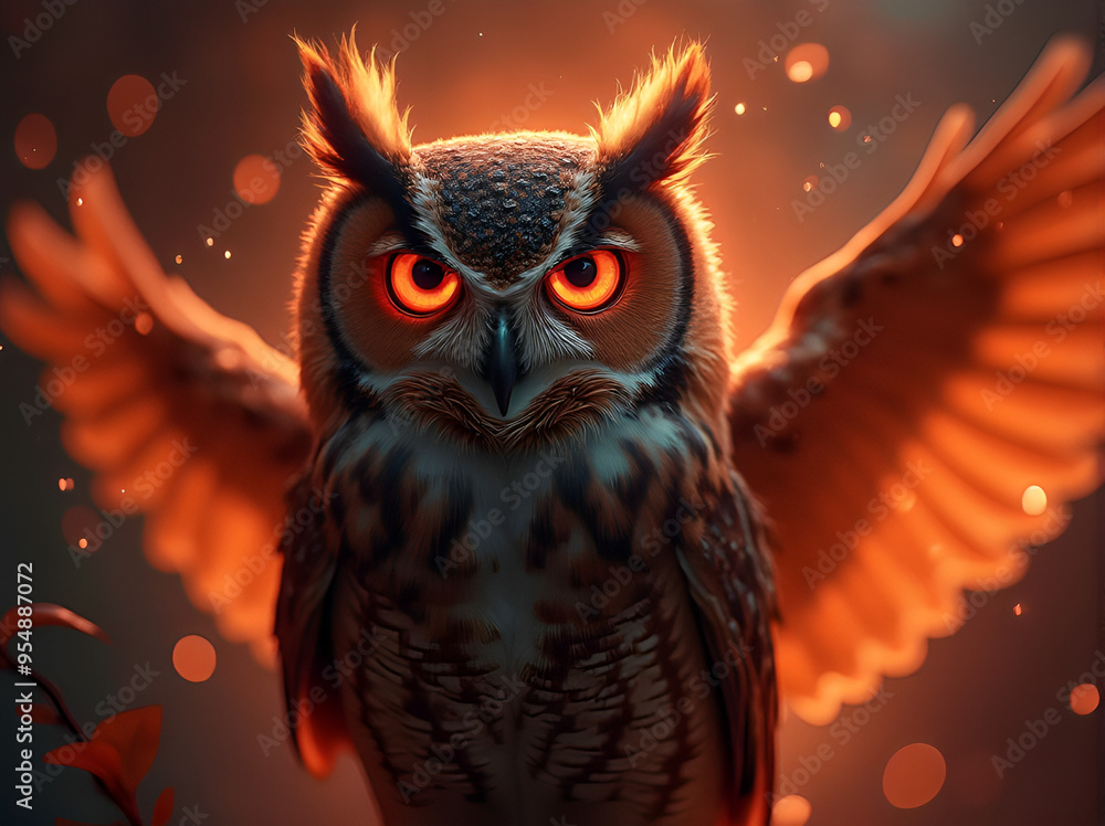 A captivating owl with sparkling red eyes and detailed red and green feathers under an orange night sky, a stunning sight showcasing the owl's radiant aura (1) A captivating owl with sparkling red eyes and detailed red and green feathers under an orange night sky, a stunning sight showcasing the owl's radiant aura (1)