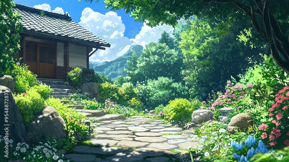 Japanese Garden with Stone Pathway Leading to a House Japanese Garden with Stone Pathway Leading to a House