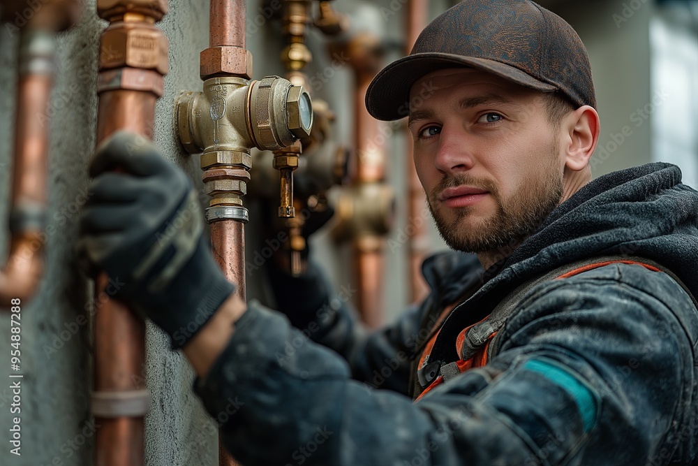 A Highly Skilled and Experienced Plumber is Currently Working on Copper Pipes and Fittings in a plumbing system A Highly Skilled and Experienced Plumber is Currently Working on Copper Pipes and Fittings in a plumbing system