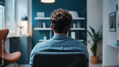 Man in Blue Shirt Sitting in an Office Environment