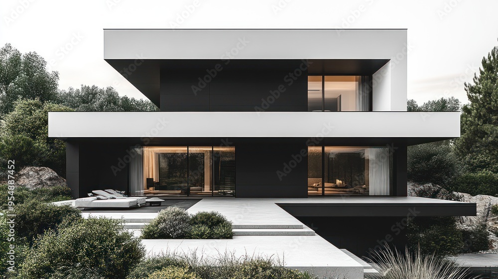 Modern architectural design featuring a sleek, minimalist house. Modern architectural design featuring a sleek, minimalist house.