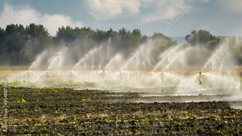 Farmers irrigating a field with a sprinkler system. photo