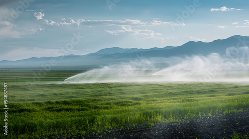 Farmers irrigating a field with a sprinkler system. photo