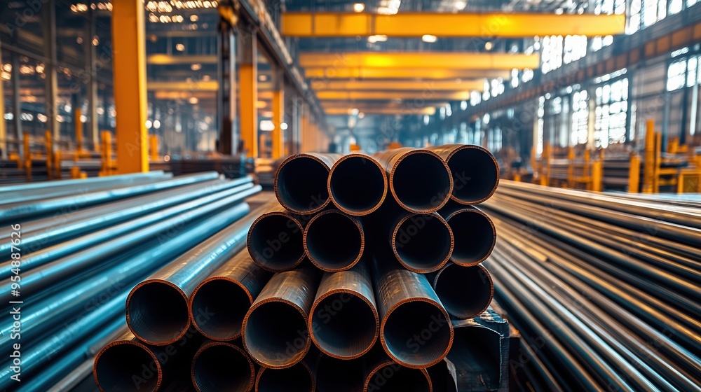 Steel Pipes Arranged in Factory Warehouse. Row of steel pipes stacked in a large industrial factory warehouse, emphasizing the manufacturing and storage of metal materials. Steel Pipes Arranged in Factory Warehouse. Row of steel pipes stacked in a large industrial factory warehouse, emphasizing the manufacturing and storage of metal materials.