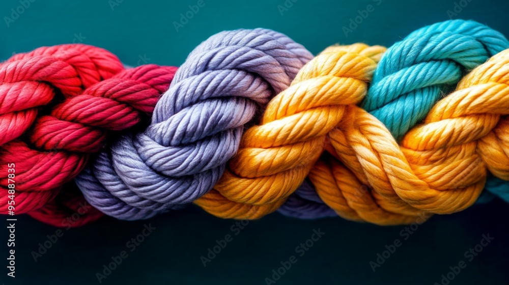 A detailed photograph providing a close view of a braided rope, showcasing intertwined red, purple, lavender, yellow, and green strands against a textured background, conveying unity. A detailed photograph providing a close view of a braided rope, showcasing intertwined red, purple, lavender, yellow, and green strands against a textured background, conveying unity.