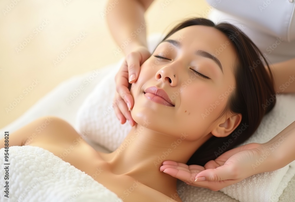Relaxation and Rejuvenation: A Woman Enjoys a Calming Facial Massage in a Serene Spa Setting. High-Resolution Image with a White Background. Relaxation and Rejuvenation: A Woman Enjoys a Calming Facial Massage in a Serene Spa Setting. High-Resolution Image with a White Background.