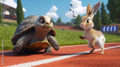 The hare appears energetic and ready to race while the turtle is steadily positioned on a sports track, reflecting the narrative of the 'The Tortoise and the Hare'. photo