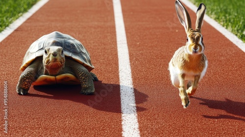 A vivid photograph showing a tortoise and a hare side by side on a running track, bringing the famous race fable into a realistic modern-day setting.