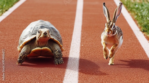 An image capturing the essence of the tortoise and hare fable with both animals on a professional running track, showcasing the race between slow and steady versus fast.