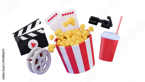 3d Cinema movie concept Popcorn bucket with elements on the podium Minimal three-dimensional 3D render illustration