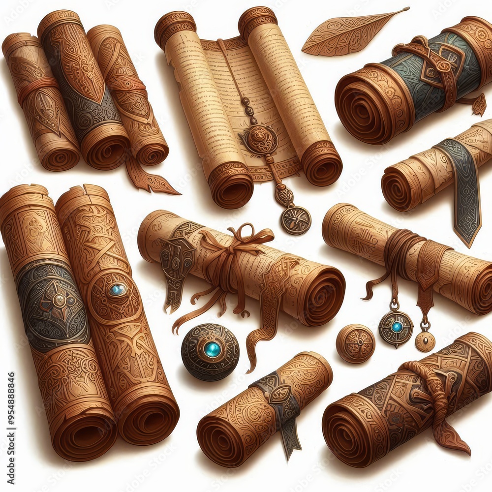 Set of ancient parchment scrolls, cut out
Set of ancient parchment scrolls, cut out
