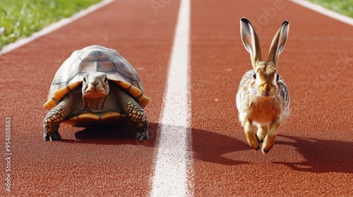 The image captures a hare and a tortoise as they embark on a race on a red athletic track, embodying the classic moral tale of endurance versus speed.