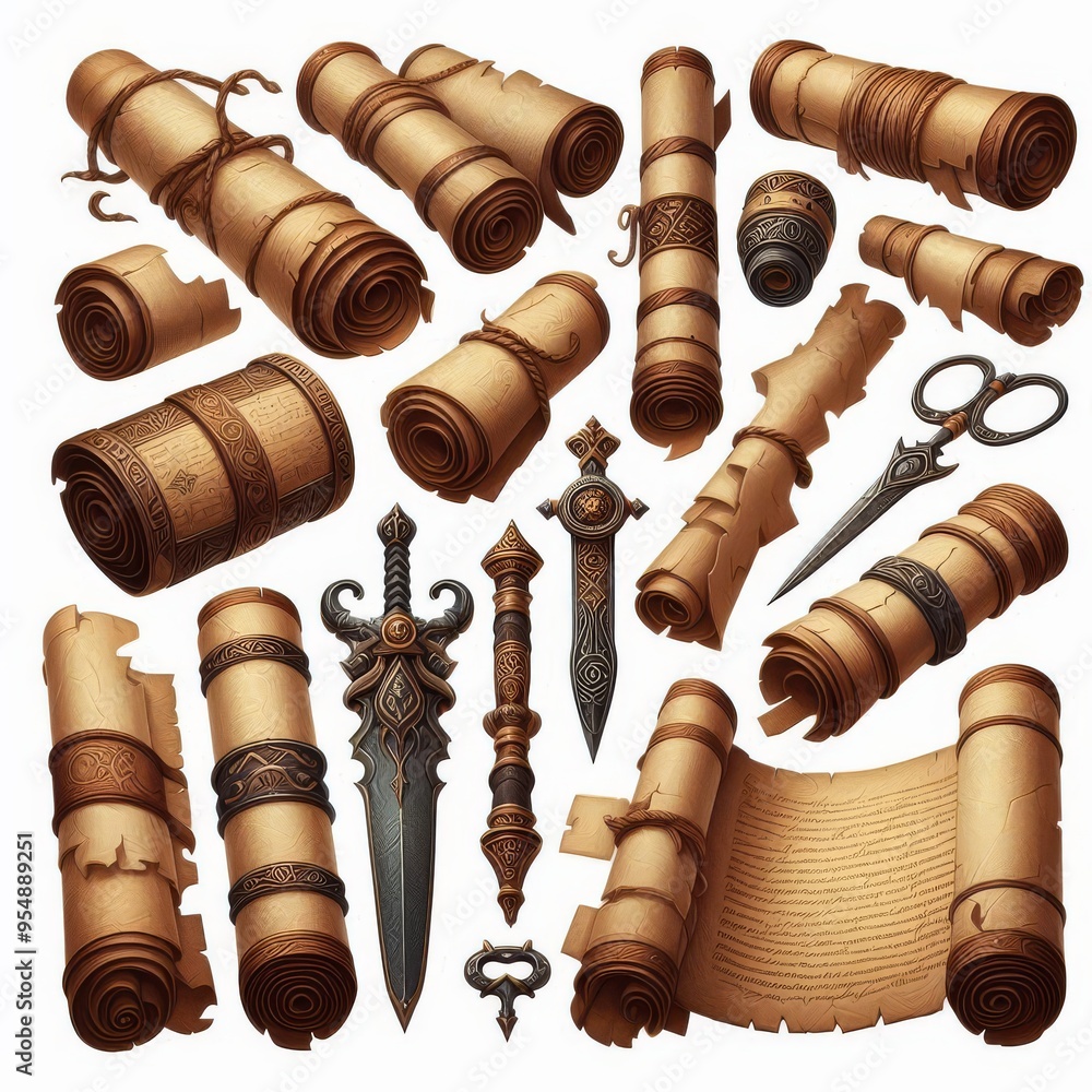 Set of ancient parchment scrolls, cut out
Set of ancient parchment scrolls, cut out
