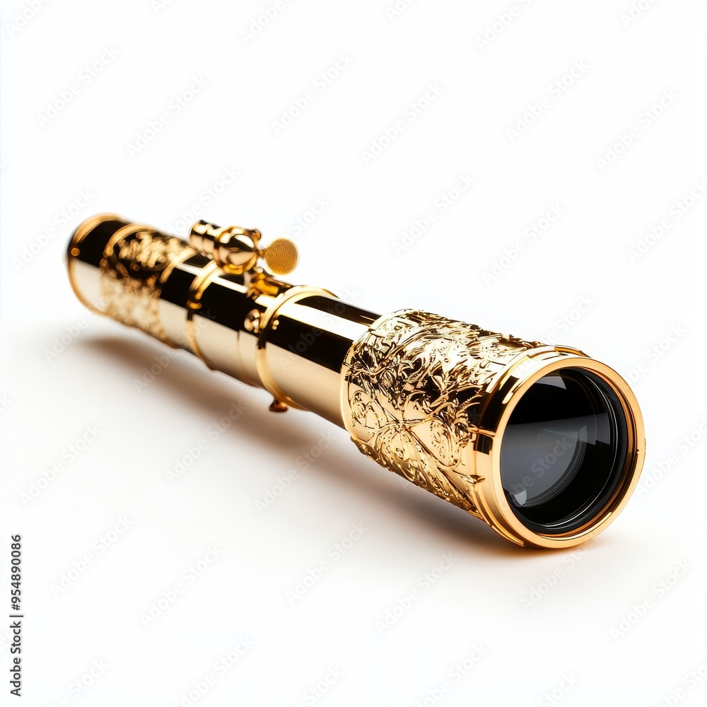 Naklejka premium A polished brass telescope with intricate details, isolated on white