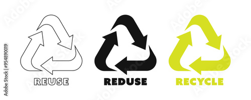 Set of recycling symbol with three arrows in triangle shape. Design concept of reduce, reuse and recycle for zero waste lifestyle. Slogan of environment saving. Vector illustration