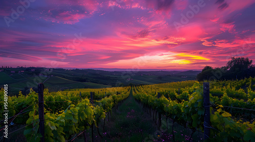 Sunset over a vineyard in Piedmont Italy with vibrant colors in the sky. photo