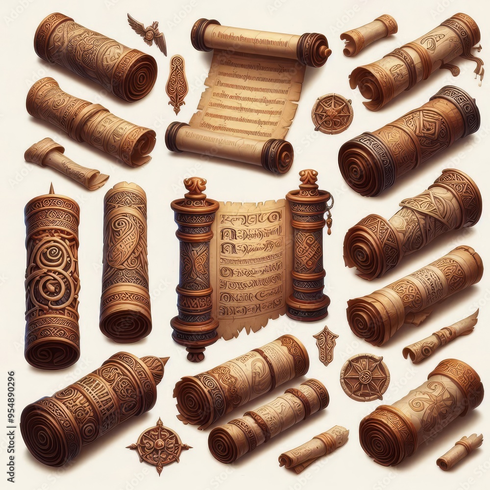 Set of ancient parchment scrolls, cut out
Set of ancient parchment scrolls, cut out