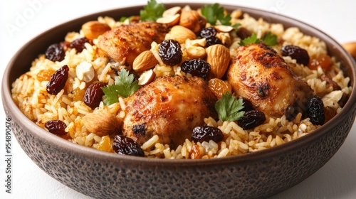 Bowl of Chicken and Rice with Raisins and Almonds