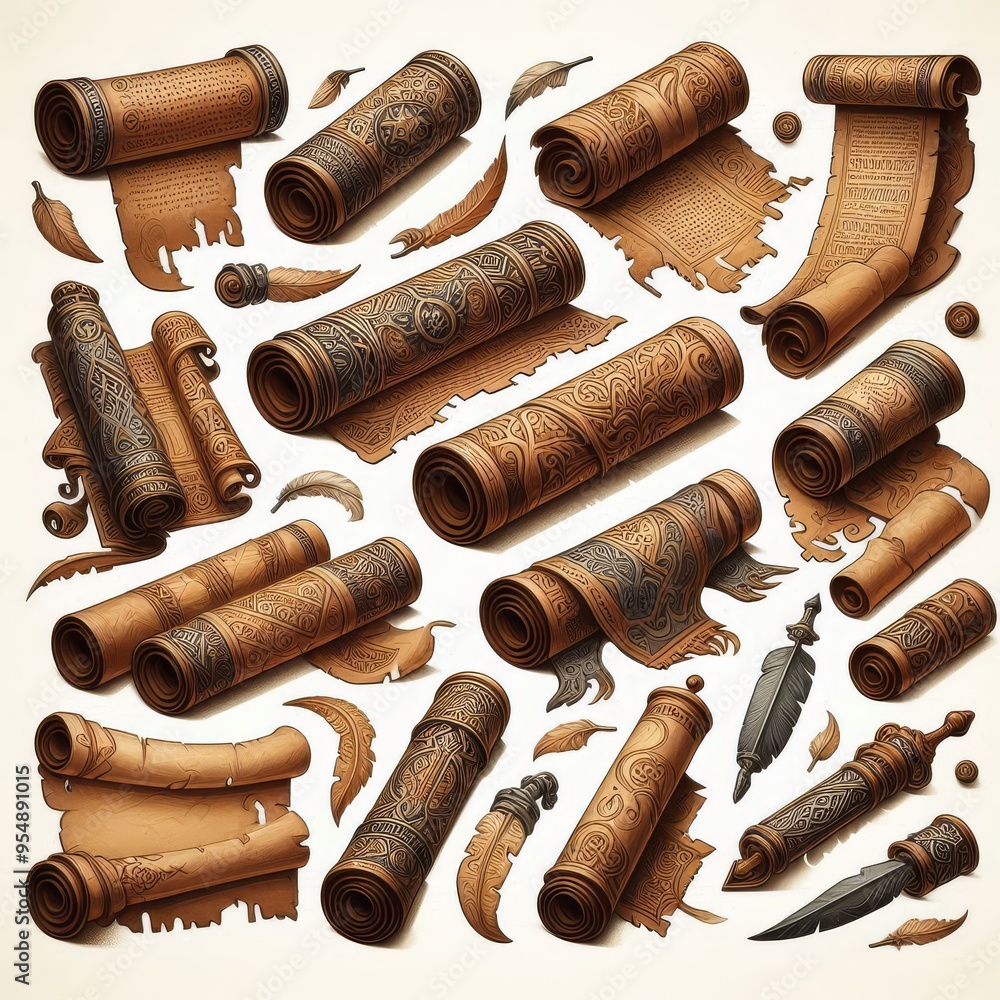 Set of ancient parchment scrolls, cut out
Set of ancient parchment scrolls, cut out