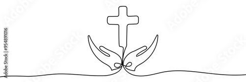 Continuous one line drawing of two hands offering a christian cross. vector illustration